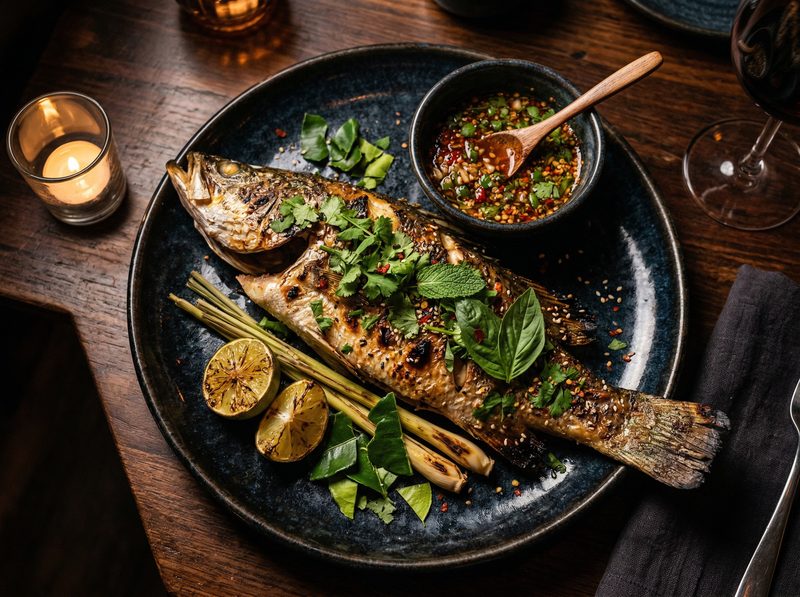 Whole grilled fish with Thai herbs
