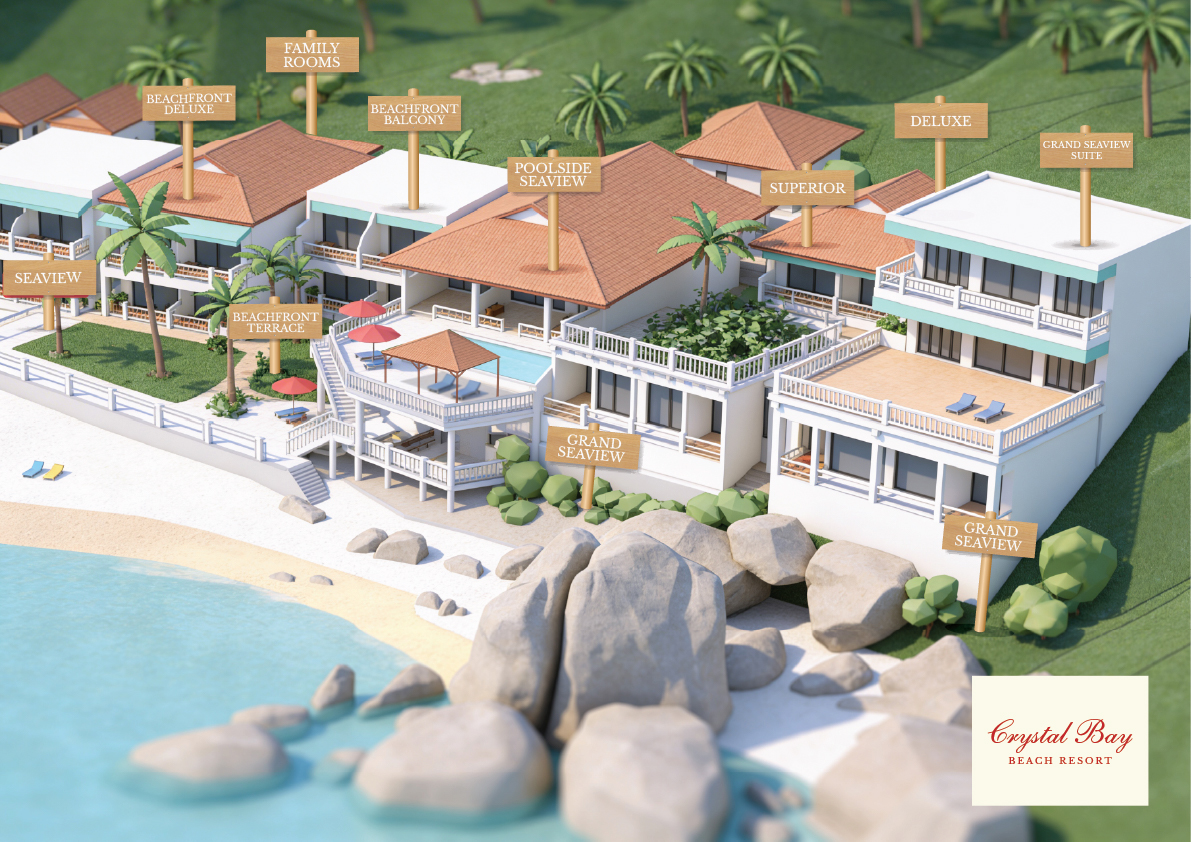 Crystal Bay Beach Resort illustrated map showing all room categories from beachfront terraces to grand seaview suites